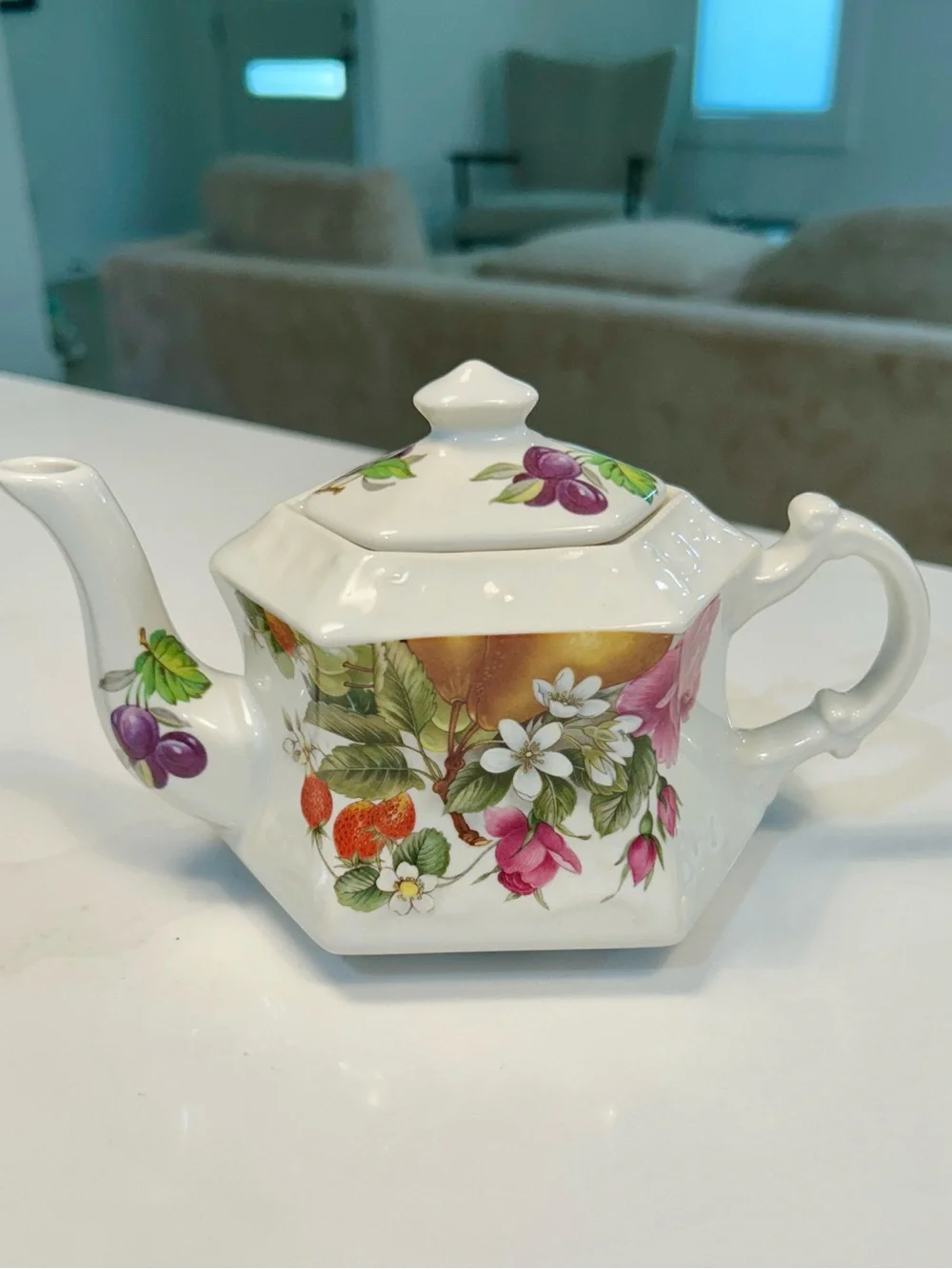 Vintage Cream Ceramic Teapot with Multicolor Fruit & Floral Motif